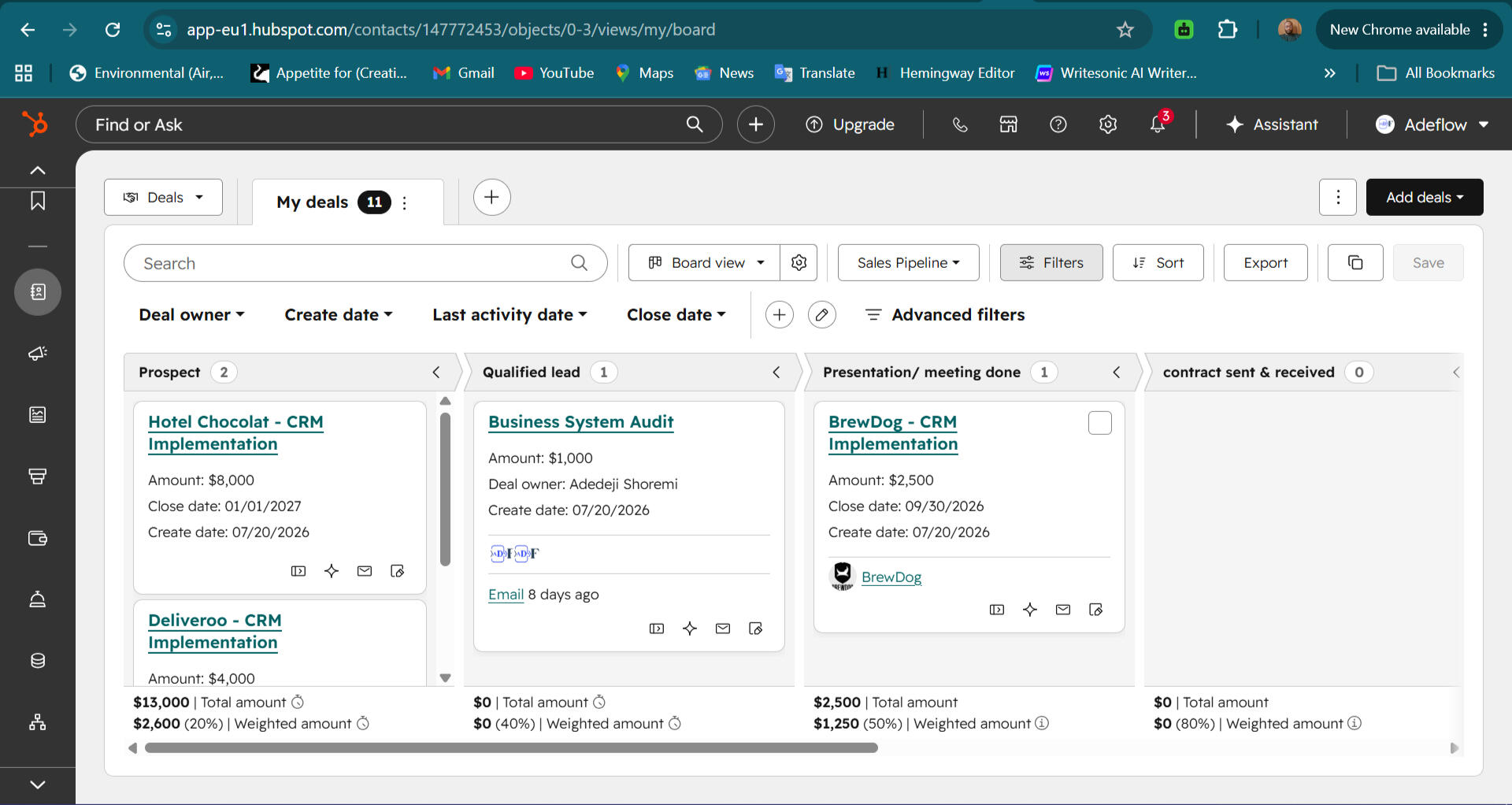 Designed a sales pipeline representing Adeflow's sales process. from prospect, Qualified Lead, Discovery Meeting, Proposal Sent, Negotiation, Closed Won, Closed Lost➡️
